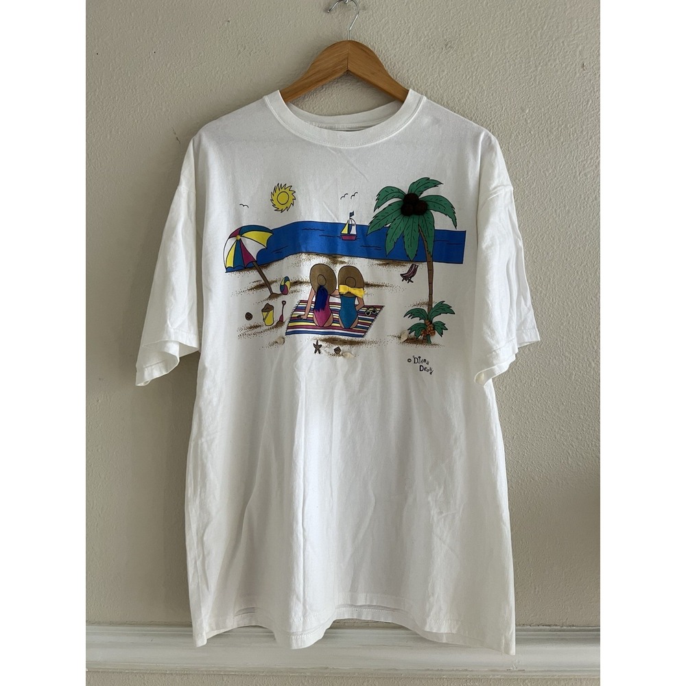 Jerzees Vintage T-Shirt 3D Shells Beach Rare Womens XL 90's Retro Vacation Beach